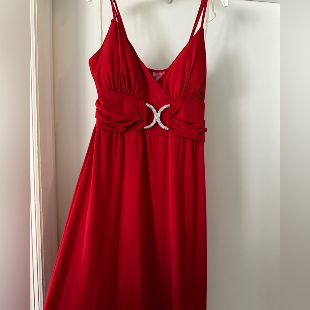 Red maxi dress with silver gem embellishment